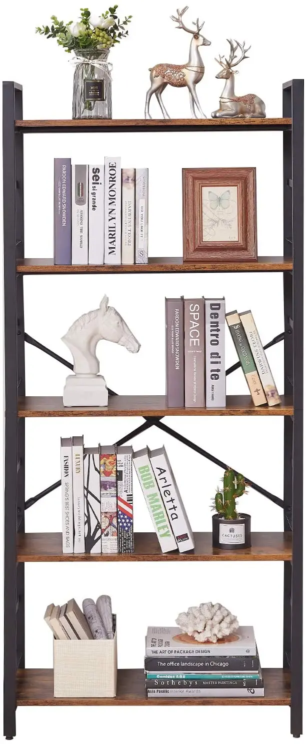 Tier Vintage Bookcase and Bookshelves Rustic Wood and Metal Shelving Unit