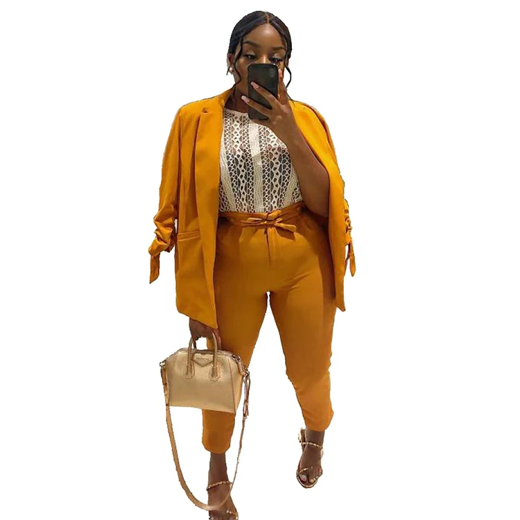 Bright Yellow Drawstring Sleeves Two  Piece Set Blazer Suits Set for Women