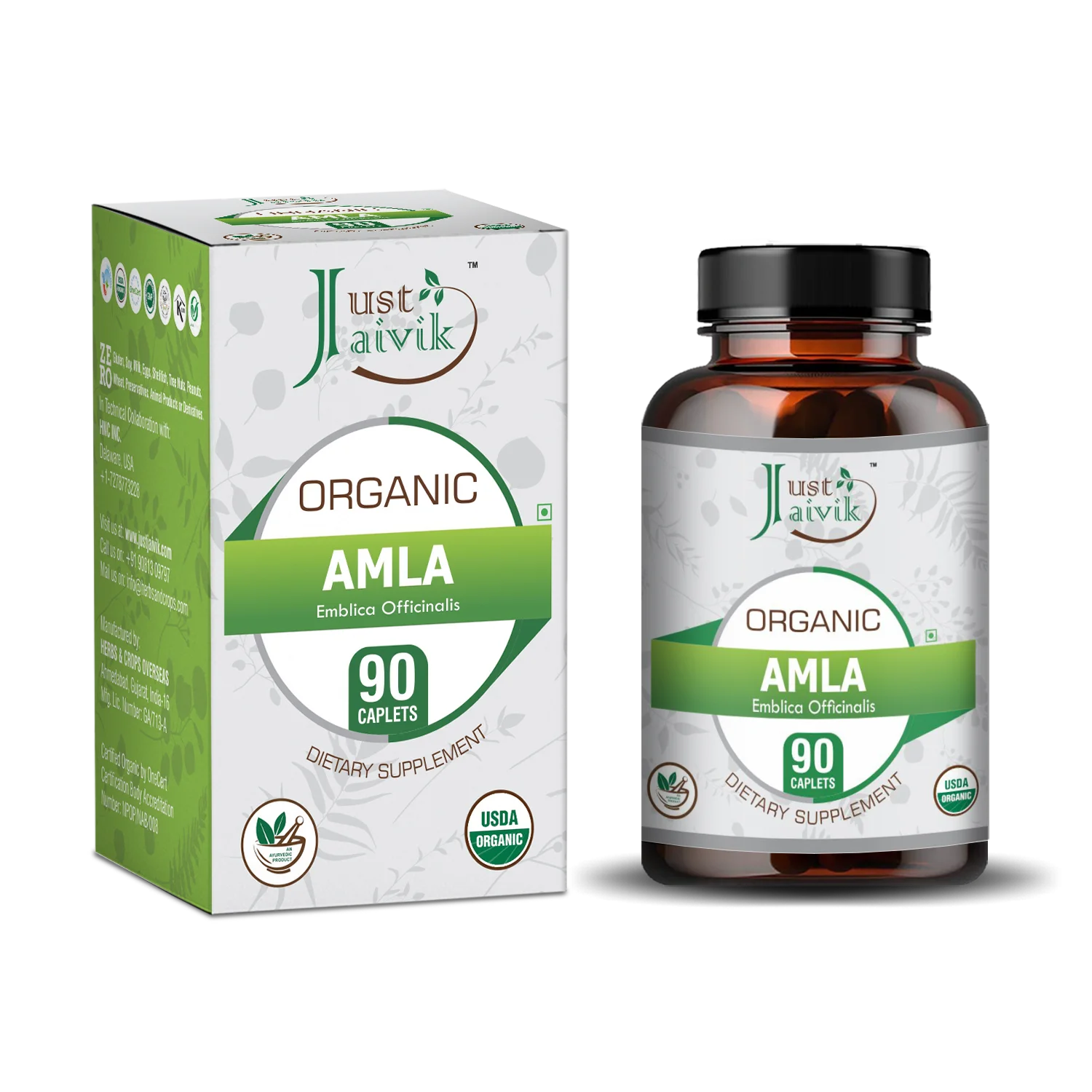 Just Jaivik Organic Amla Caplets (Emblica officinalis) - 750mg, 90counts