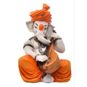 
Indian Traditional and Modern art Hand Painted Clay Red Antique Veena Religious Ganesha Statue 