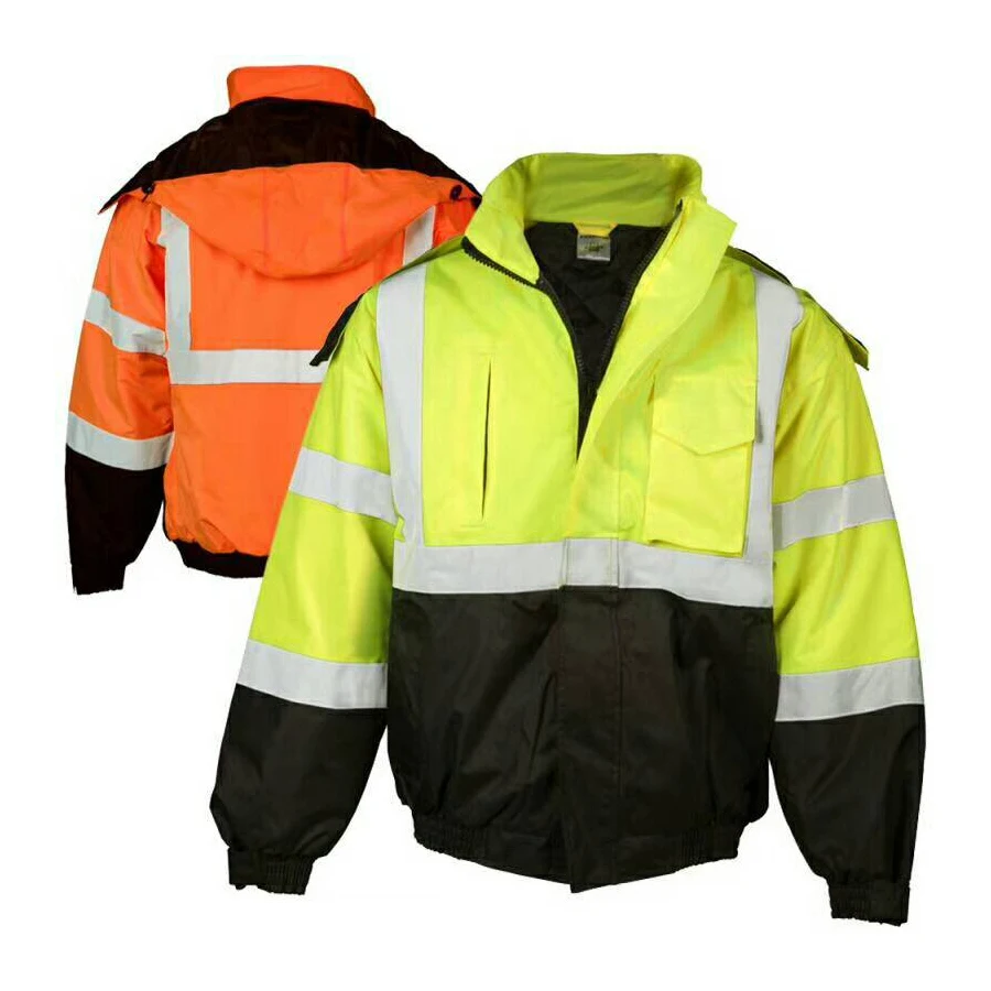 
Autumn Winter Workwear Clothing Reflective Working Clothes High Visibility Waterproof Zipper Bomber Jacket With Rip Stop Safety 