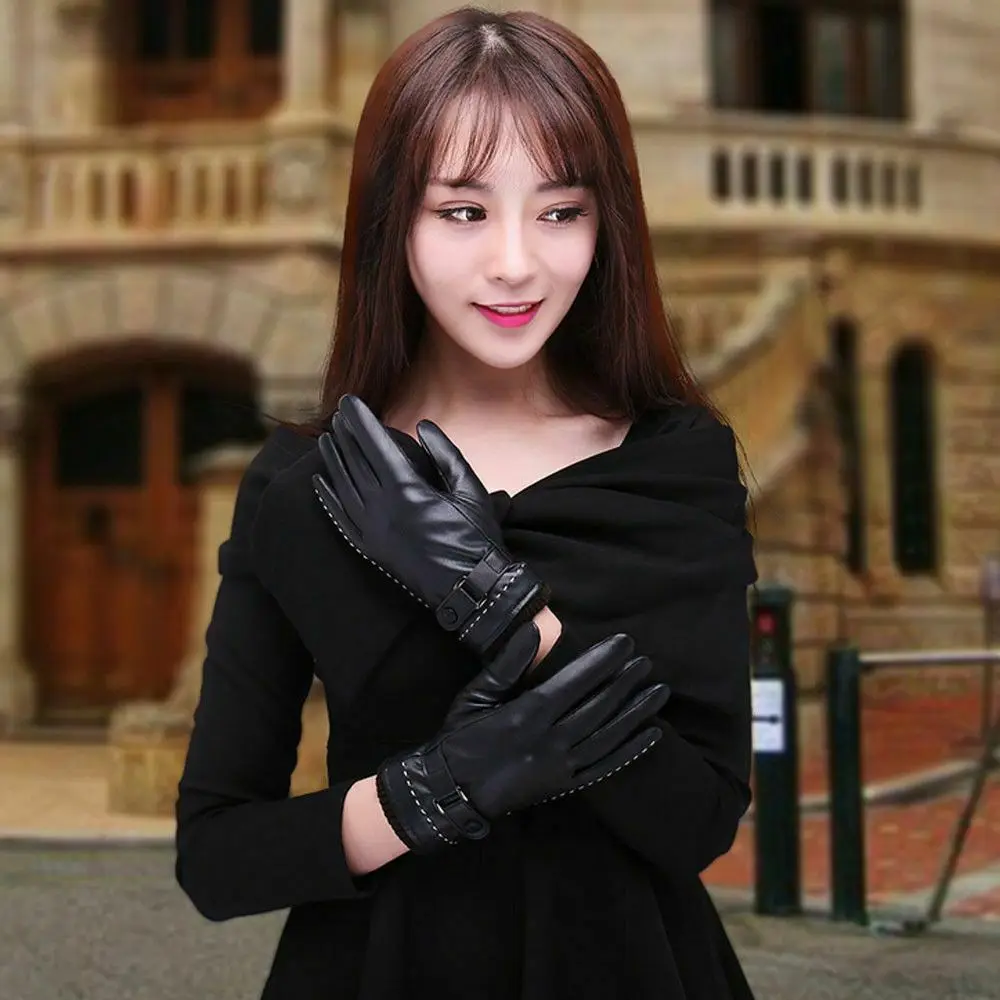 Women Winter Gloves Warm Leather Solid Thermal Black Buckles Smart Touch Fashion Leather Gloves
