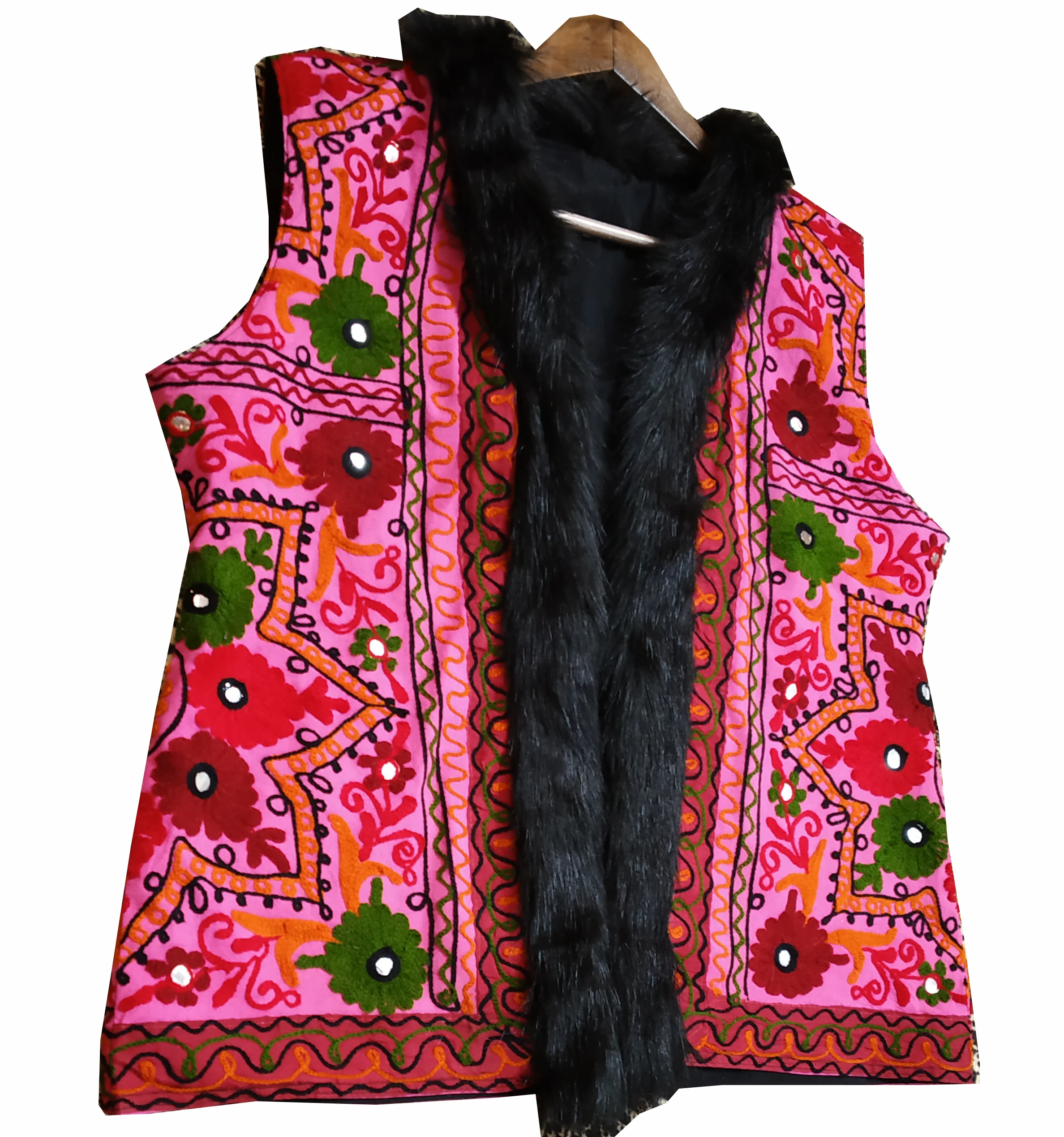 Ethnic Pink Traditional Hand Embroidery Banjara Ibiza Style Women Jacket Woollen Embroidery Designer Vest Coat for Female