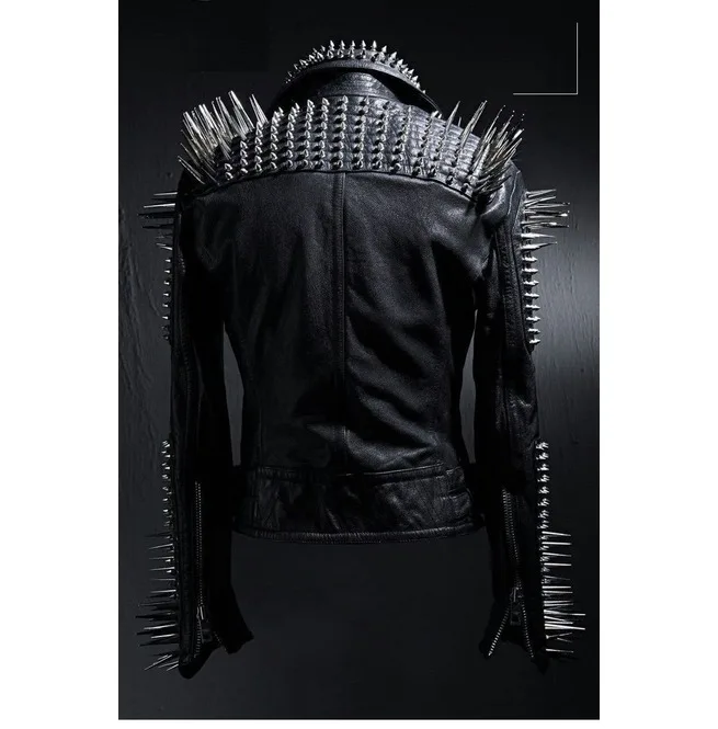 
Men Black Multi Studded With Long Spike Rocker Punk Style Biker Jacket 