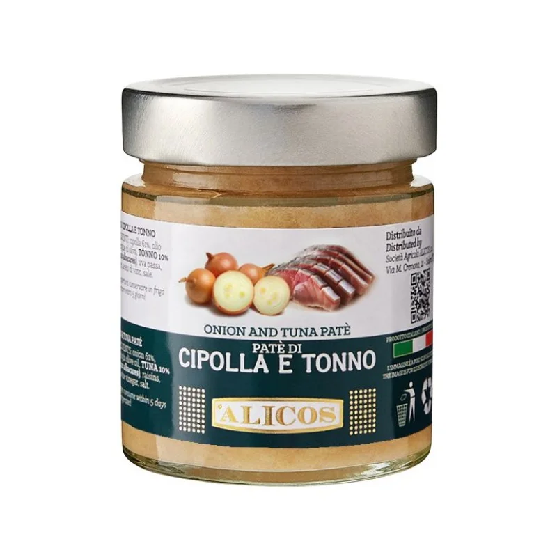 Made in Italy ready to eat salty and sweet preserved food jar 190 g onion and tuna pate for seasoning