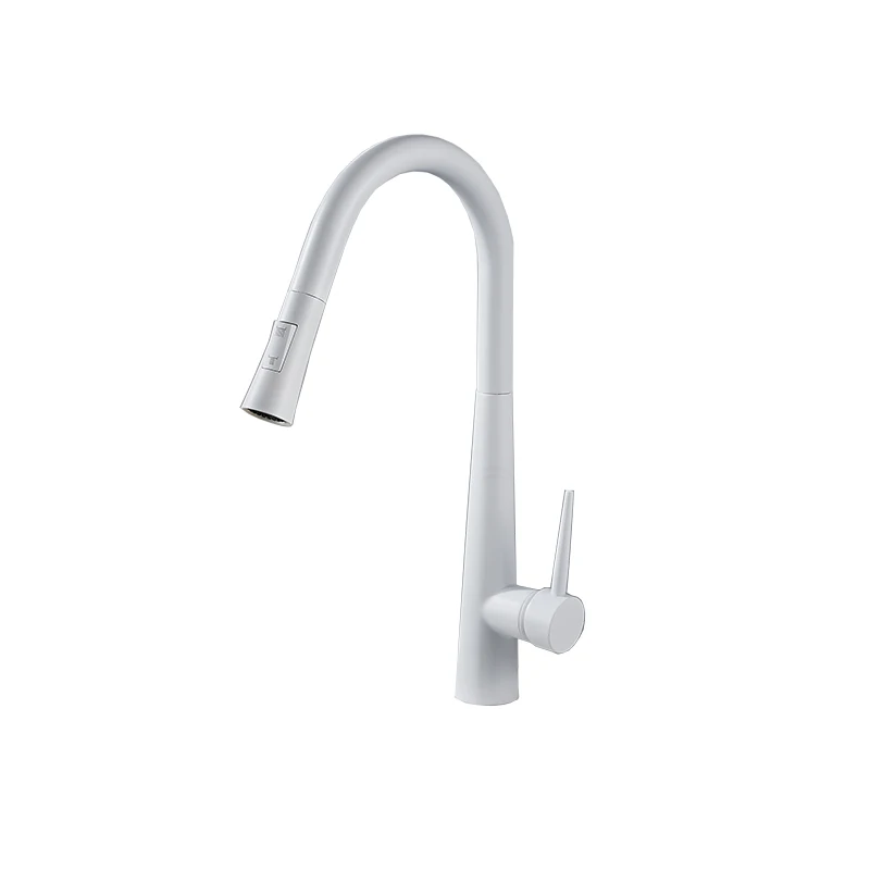 Modern High Grade White Copper Flat Head Three-way Horn Pull out Down Kitchen Tap Faucet