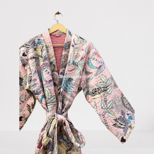 Pink Handmade Maxi Gown Dress Monkey Print Kimono Style Kantha Quilted Sleepwear Wholesale Indian Cotton Women Bath Robes