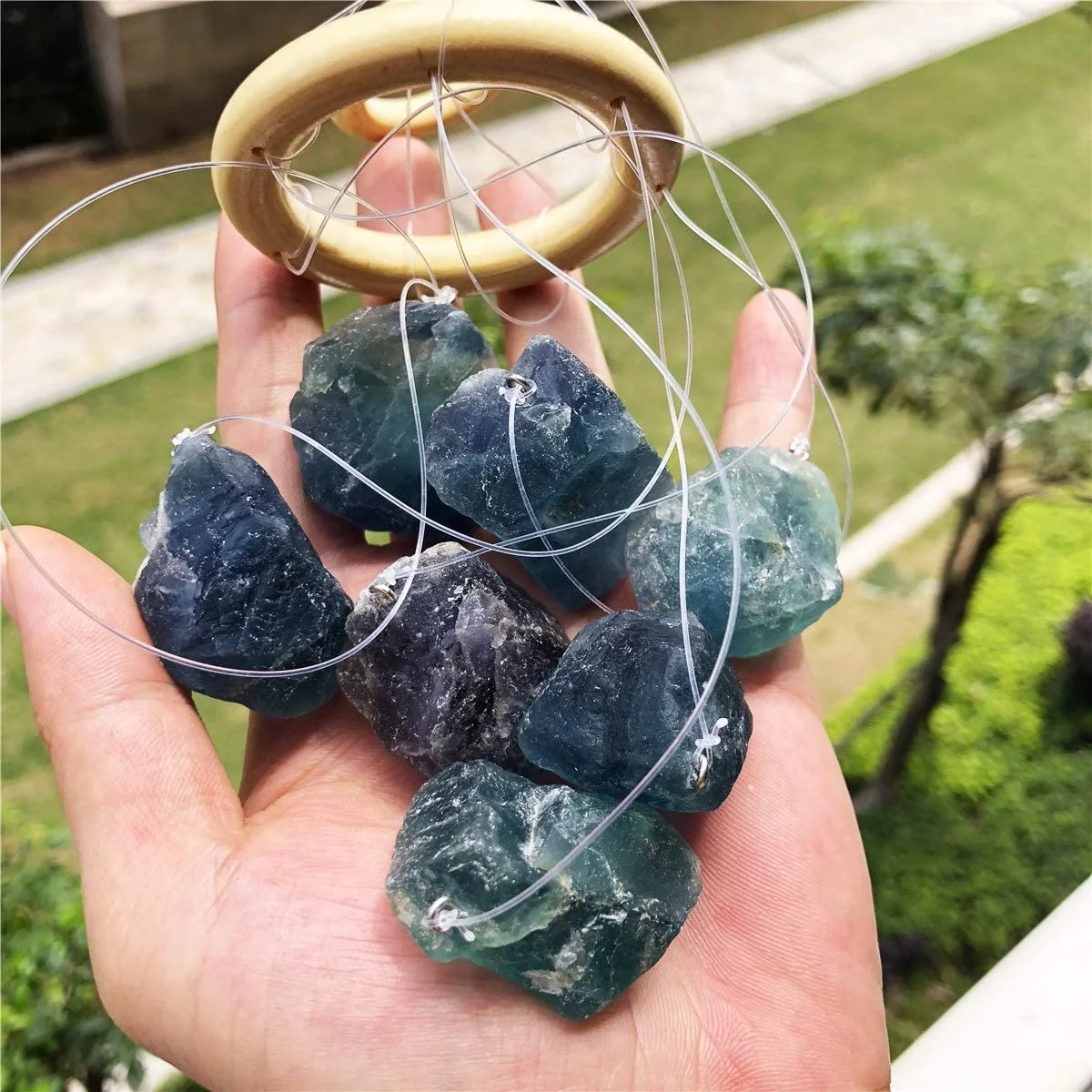 wind chime natural stone Green fluorite Raw Stones Wind Chime Home Decoration crystal wind chime natural crystal stone