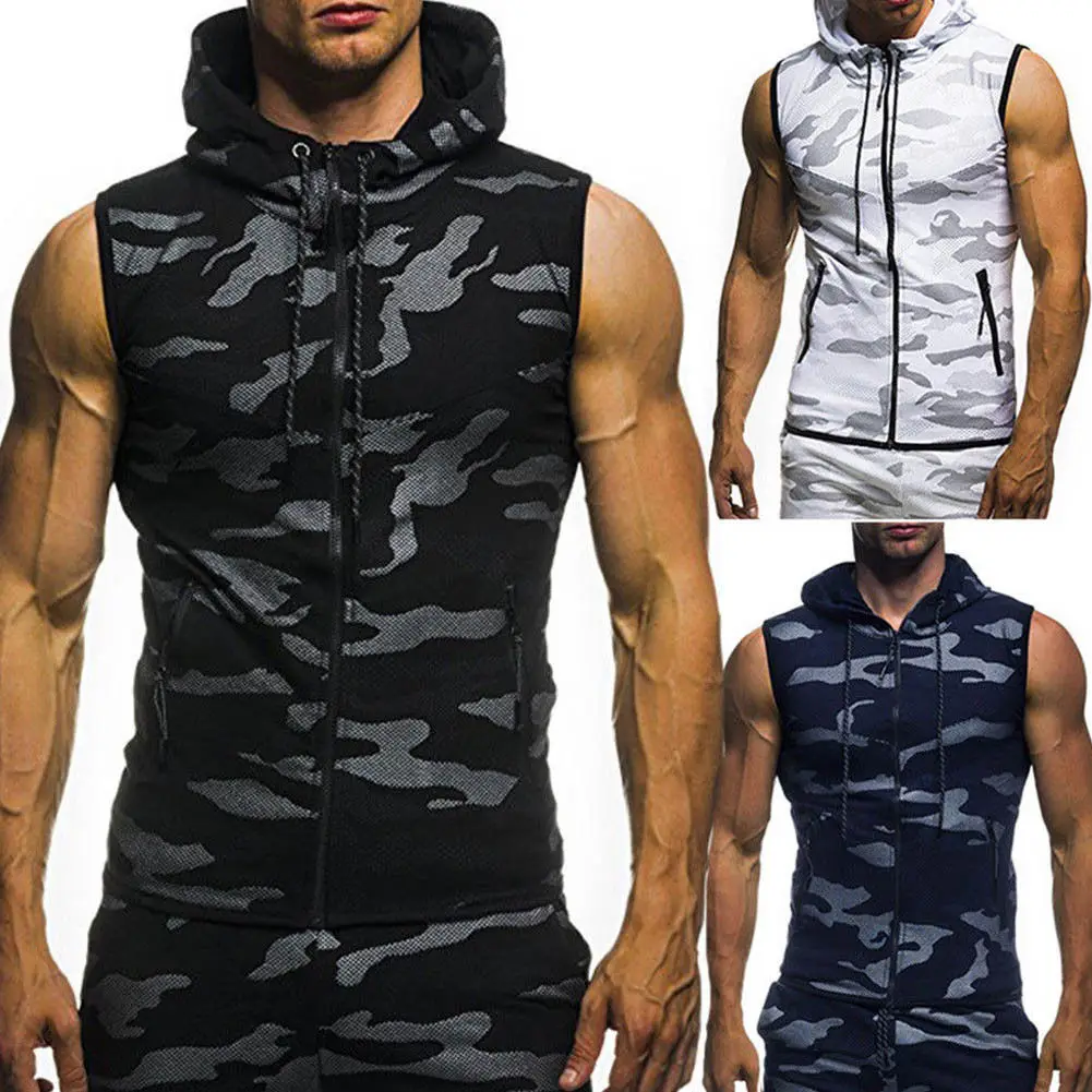 Camo Sleeveless Custom Hoodie For Men Zipper-up Hoodie