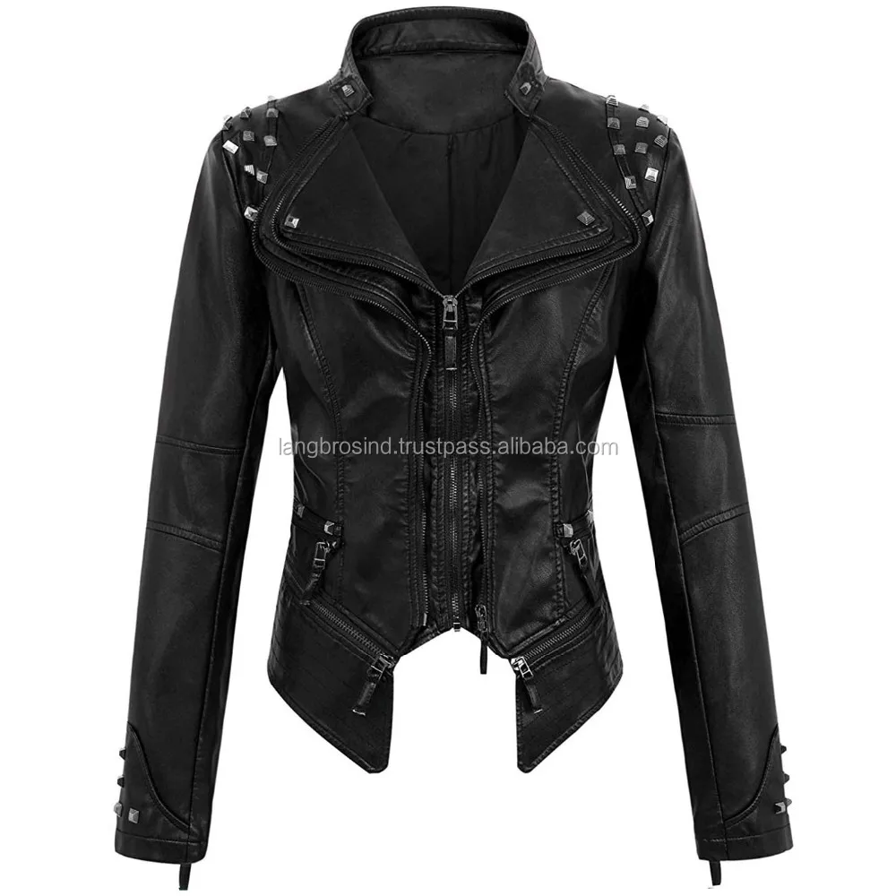  Женская модная Байкерская красная куртка из натуральной кожи с шипами