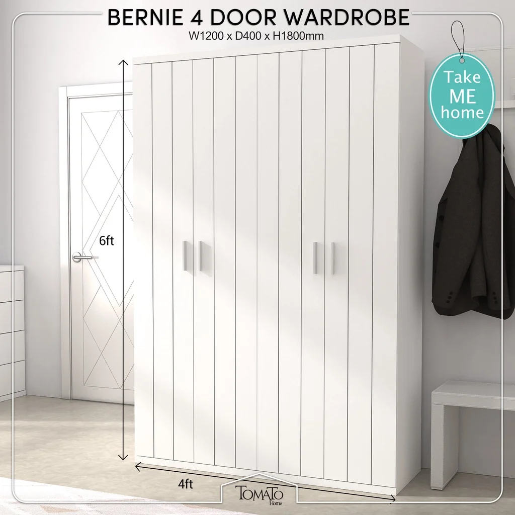 Premium quality Ready Stock BERNIE Series Wardrobe - 2 Colours - 4 Feet - Almari Baju 4 Pintu for cloth storage