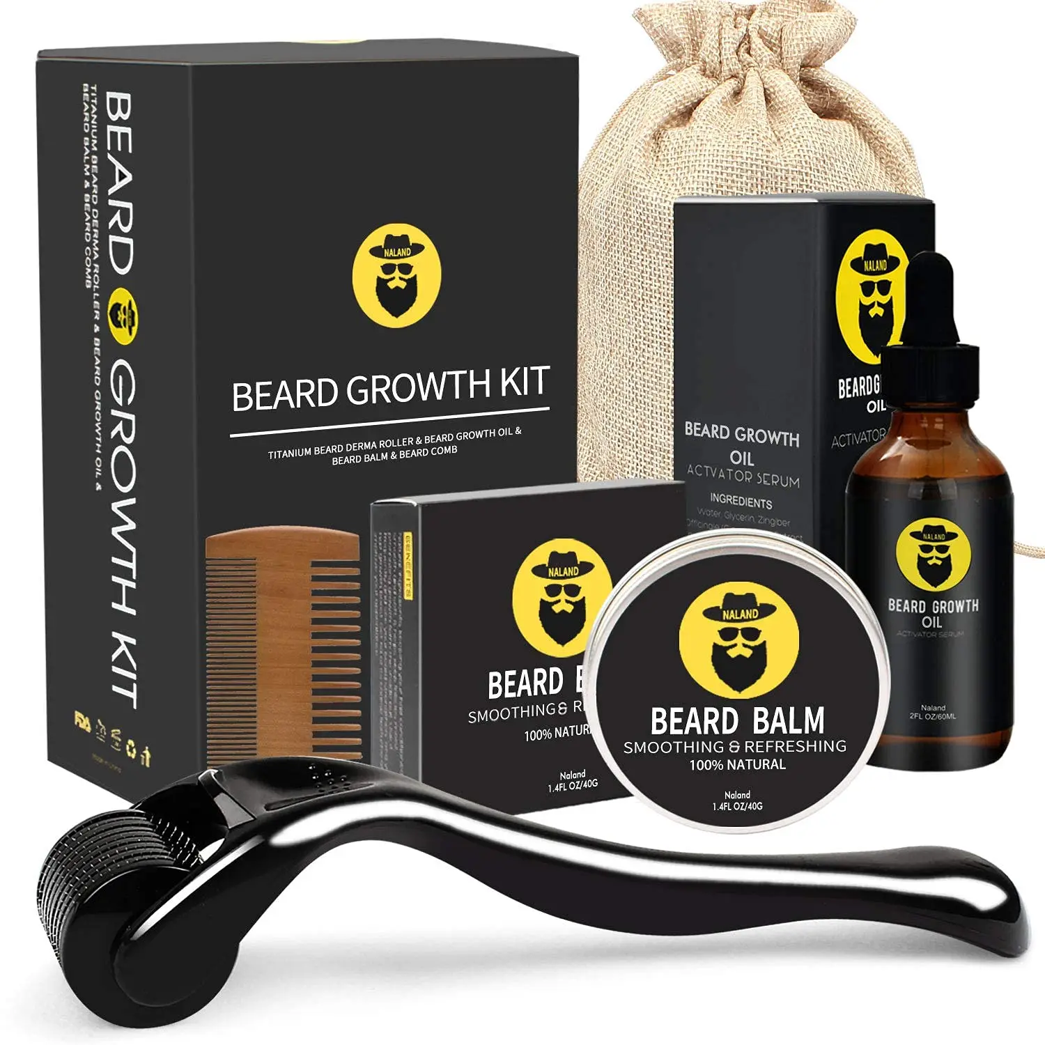 Beard Growth Kit - Derma Roller for Beard Growth, Serum Oil Beard Balm and Comb, Stimulate Beard