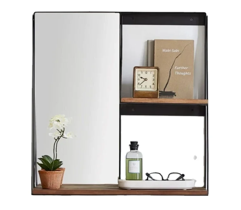 Metal Framed Wooden Shelf Wall Vanity Bedroom Wall Mirror