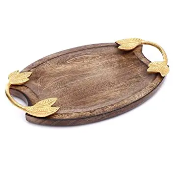 High quality wooden Tray With metal  Handles Customized Serving Tray Custom Decorative Rustic Extra Large Torched  Breakfast try