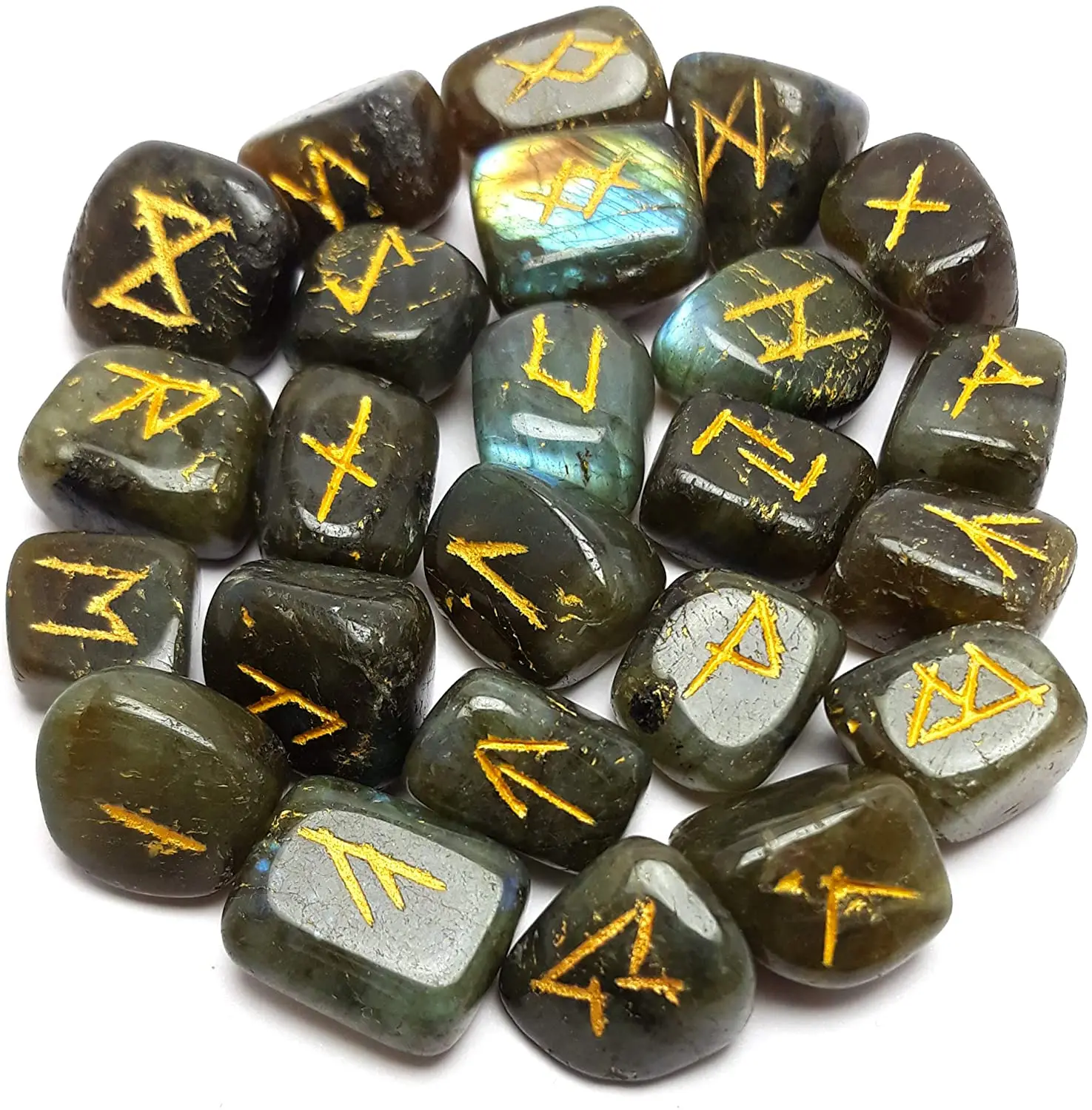 Natural labradorite engraved Runes Crystal Rune Stones Set Viking Elder futhark Divination Runic Symbols