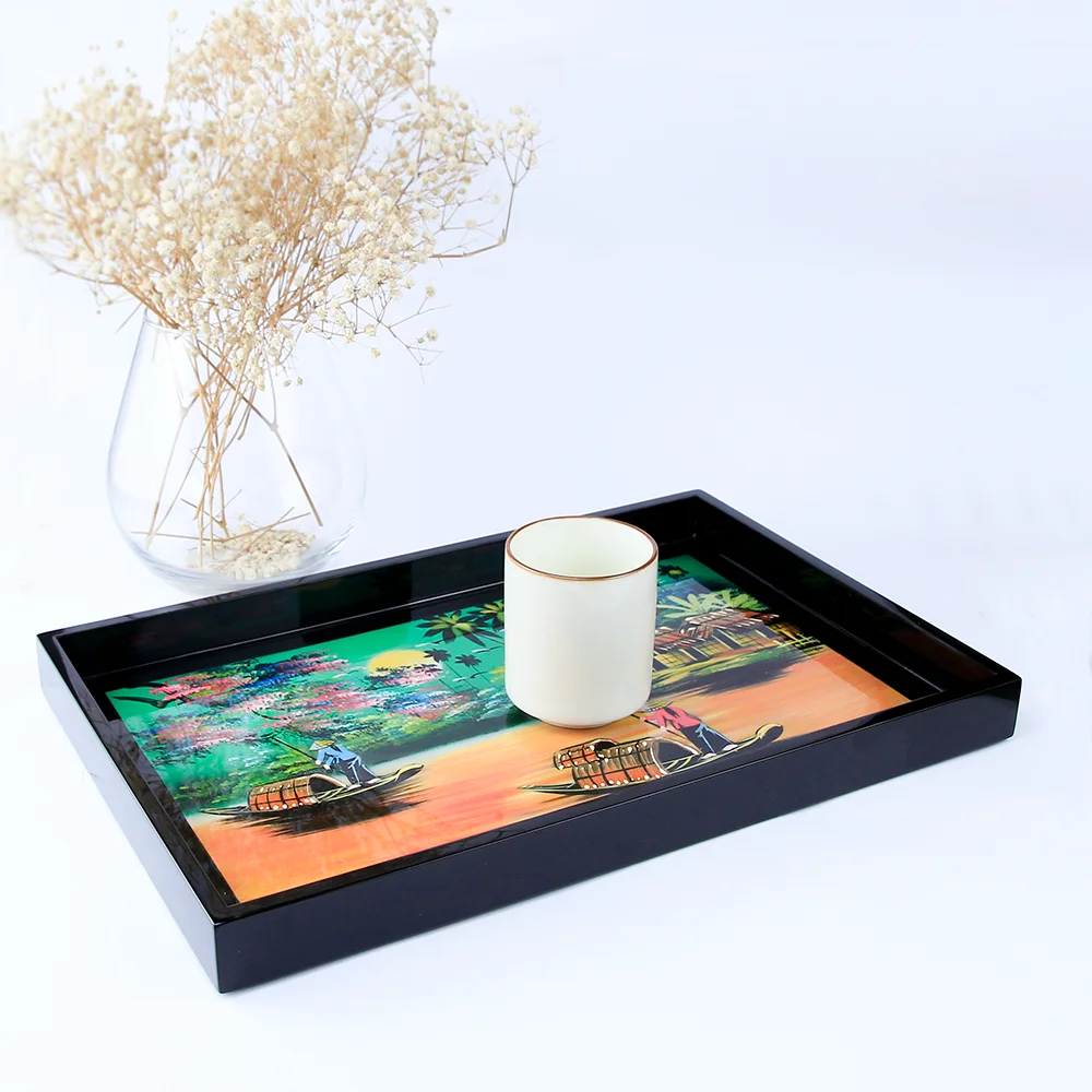 
Top Selling Rectangular Non-Slip Serving Trays Eating Storing Wooden Tray Breakfast Natural Durable Lacquer Tray 