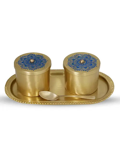 Brass Dinner Plate Dinnerware Brass Metal Traditional Dinner Server Set with Thali Plate Katori Bowls Cup