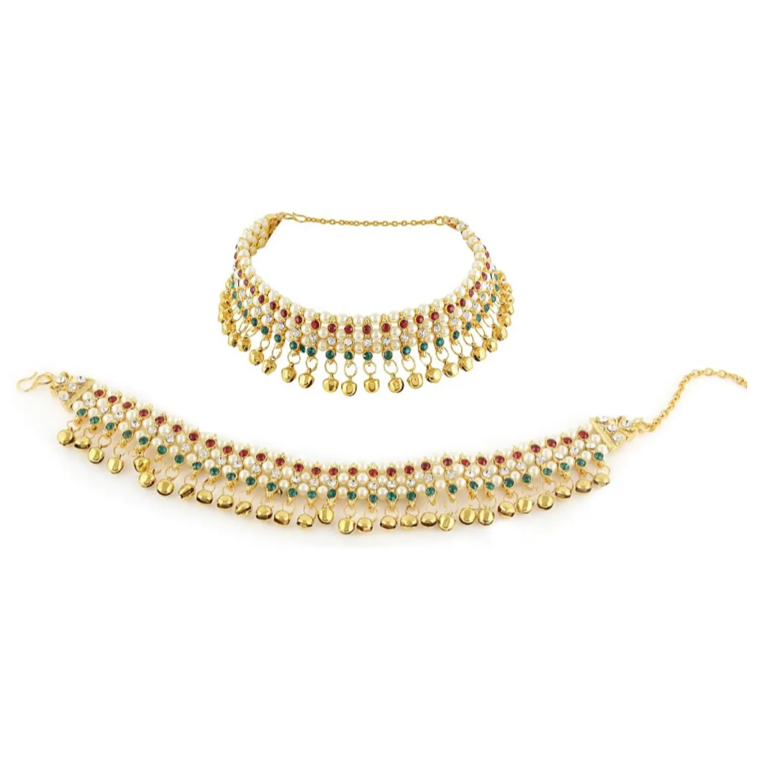 Indian Bollywood Crystal Rhinestone Pearl Wedding Bell Charms Bridal Anklet Set (2 pc) Bracelet Payal Foot Jewel For Women