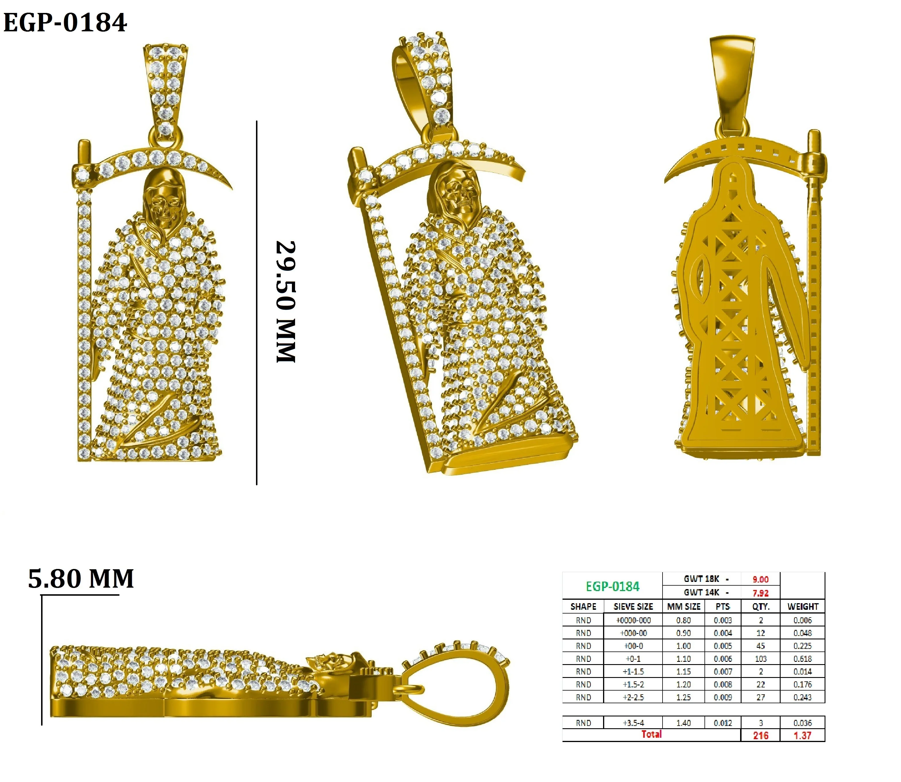 SANTA MUERTE Pendant Hiphop Jewelry Charms with Real SI Diamond in 10K Yellow White Gold Gift CHRISTIAN IGI Letter Micro Insert