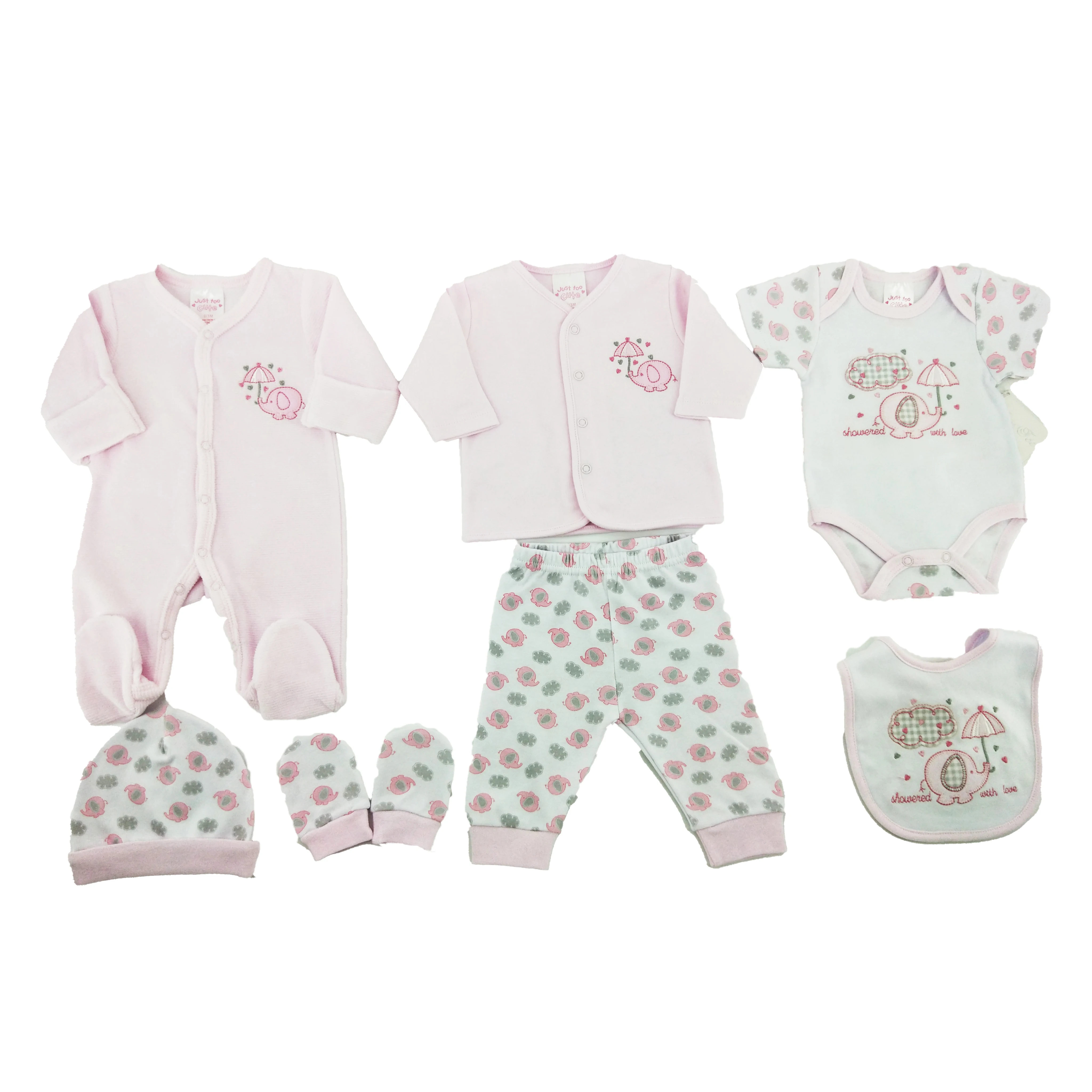 Light pink high quality 7 pieces affordable all season interlock 100% cotton baby clothing set
