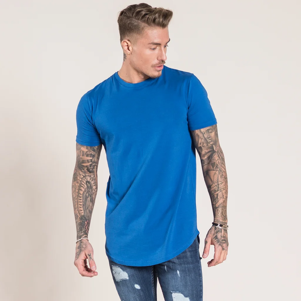 High Quality Custom 100% Cotton Slim Hipster Hip Hop Fit T-Shirts Long Line Men T Shirt Blank Longline T Shirts With Curved Hem