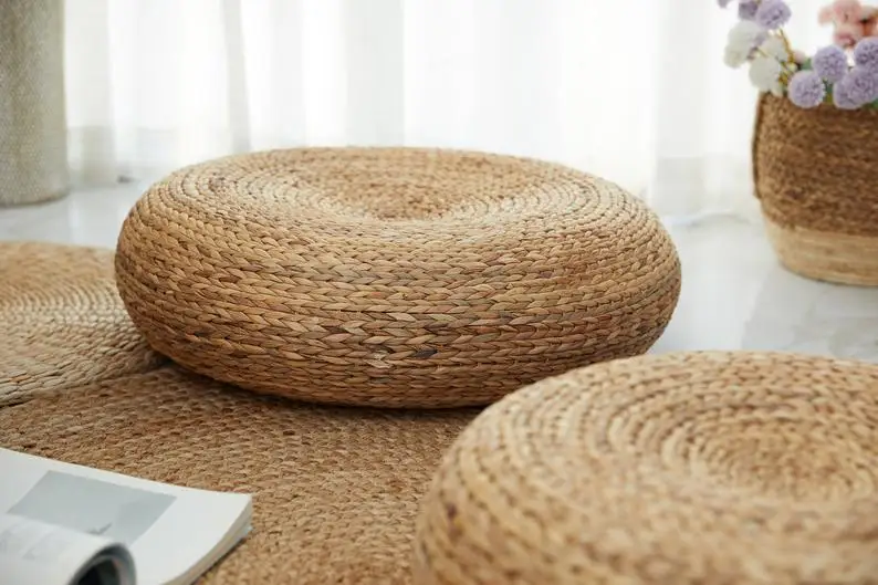 Unique Seagrass Water Hyacinth Foot Stool Outdoor Cushion Convenient & Versatile For House Floor
