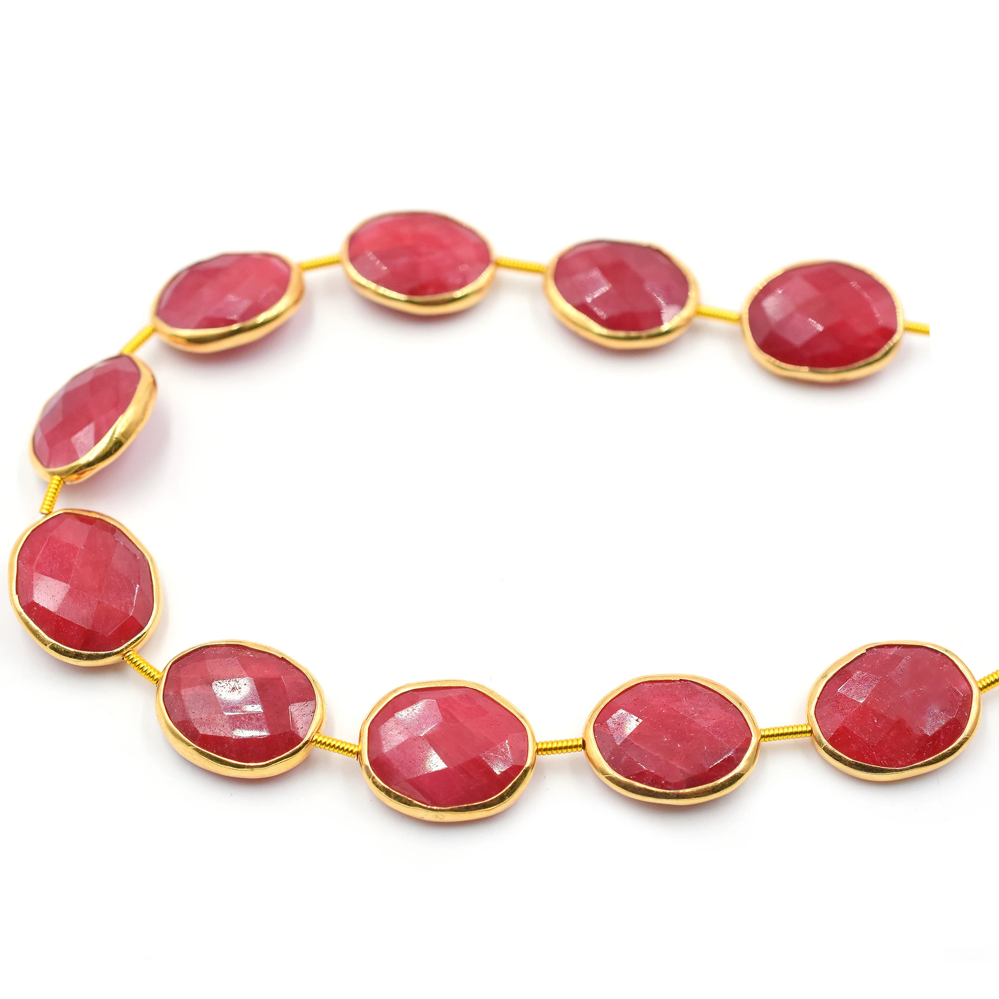Ruby Oval Shape Silver Bezel Gold Plated Top Straight Drilled 10 Beads Strand