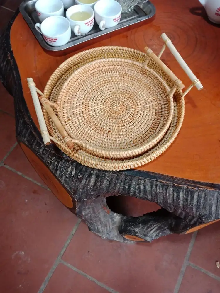 Manufacture storage wicker basket manufacturers trays wicker woven table Vietnam handicraft bamboo serving table rattan tray