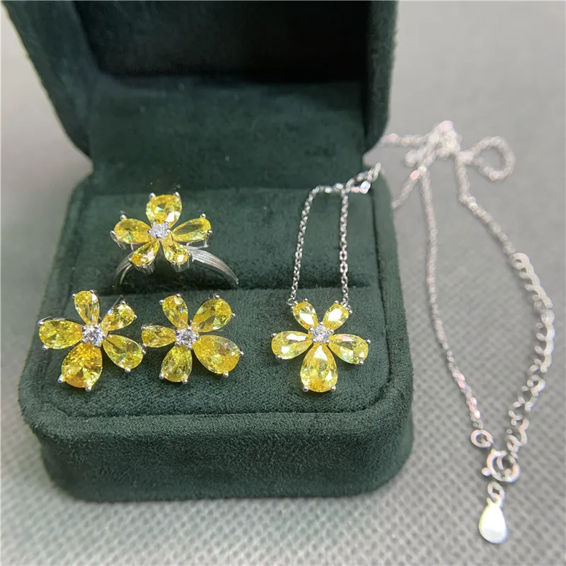 Elegant Yellow Flower Shaped Diamond Necklaces Earring and Ring Jewelry Set