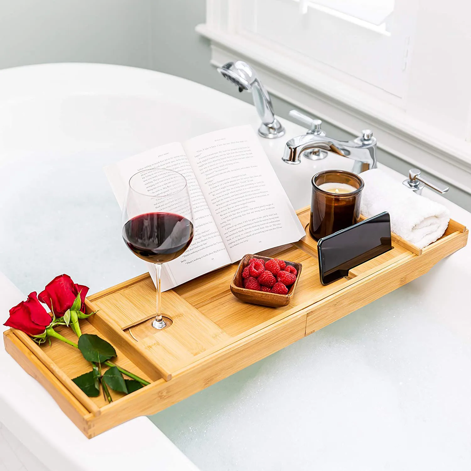 Expandable Bamboo Bathtub Tray Bamboo Bath Tray for Tub with Book Stand bamboo bath caddy Tray for Luxury Bath