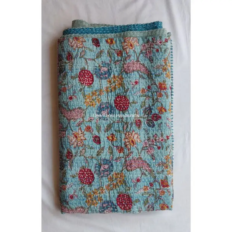 New Indian Sky Blue Floral Hand Block Print Cotton Kantha Quilt Indian Handmade Beautiful Floral Wholesale Kantha Bedspread