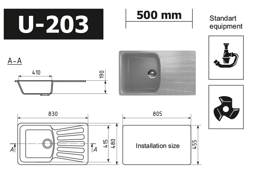 Quality composite kitchen sink ULGRAN U-203 artificial stone, rectangular kichen sink single bassin