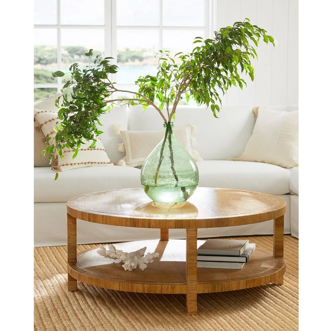Hand Crafted Mid Century Folded Natural Color Antique Round Dining HAYES Coffee Table with Rattan Wood Plywood