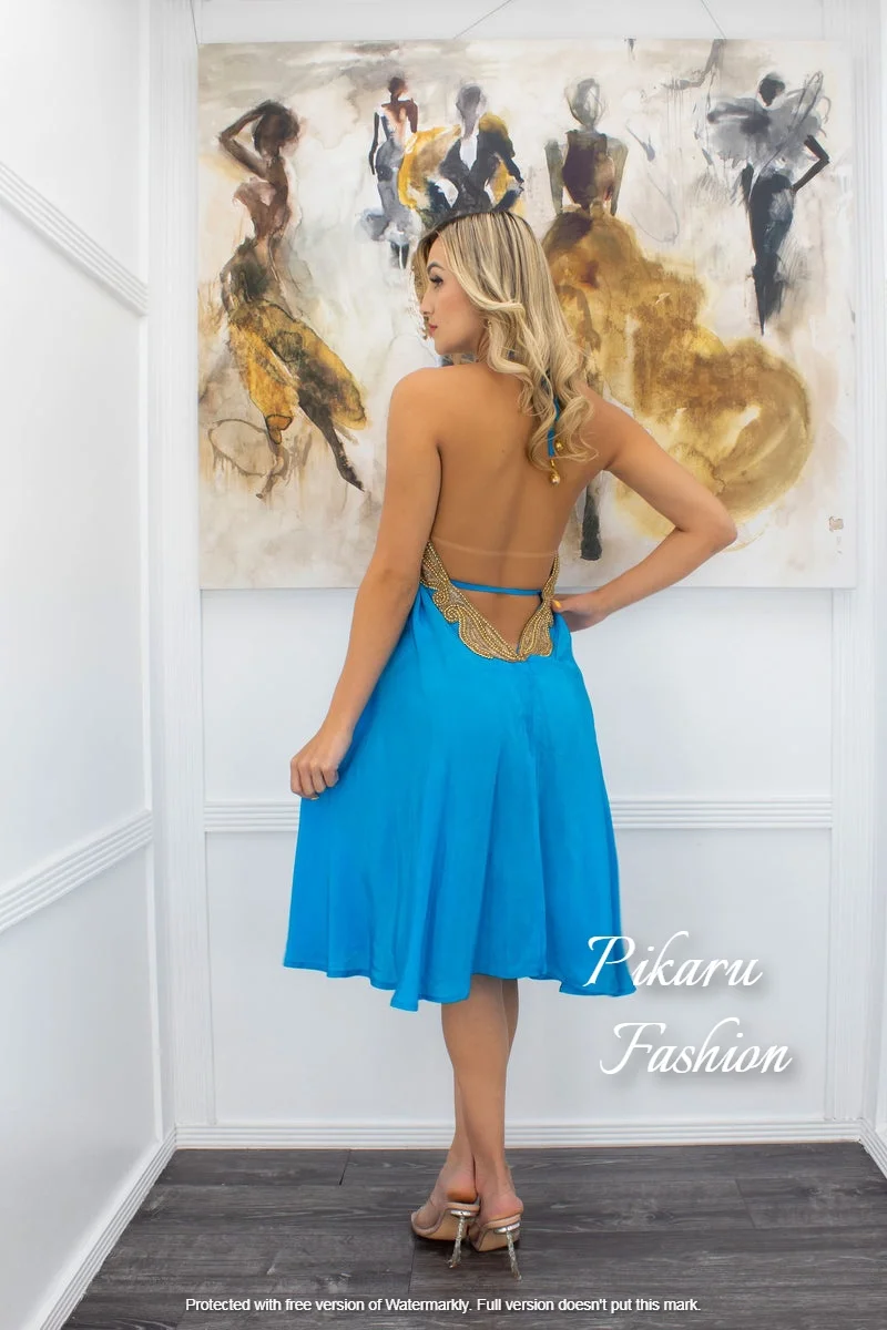 Women Sexy Party Wear Mini Dresses Embroidery Beaded Work Sleeveless Deep V-Neck Stylish Short Dress