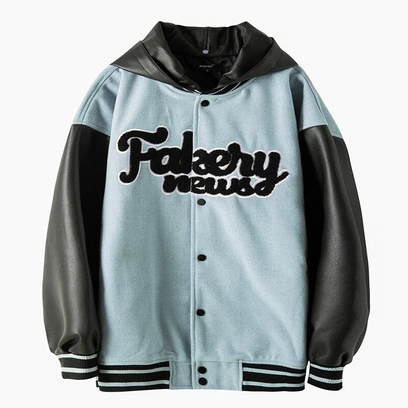 Men Hooded Baseball Jackets Detachable Hat Woolen Leather Patchwork Letter Patch Bomber Jacket Coat Casual Fashion Outwear