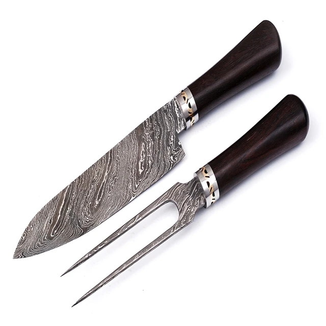 Custom Handmade Damascus Steel 2 pieces BBQ Fork and Chef Knives Set  (Smk1623)