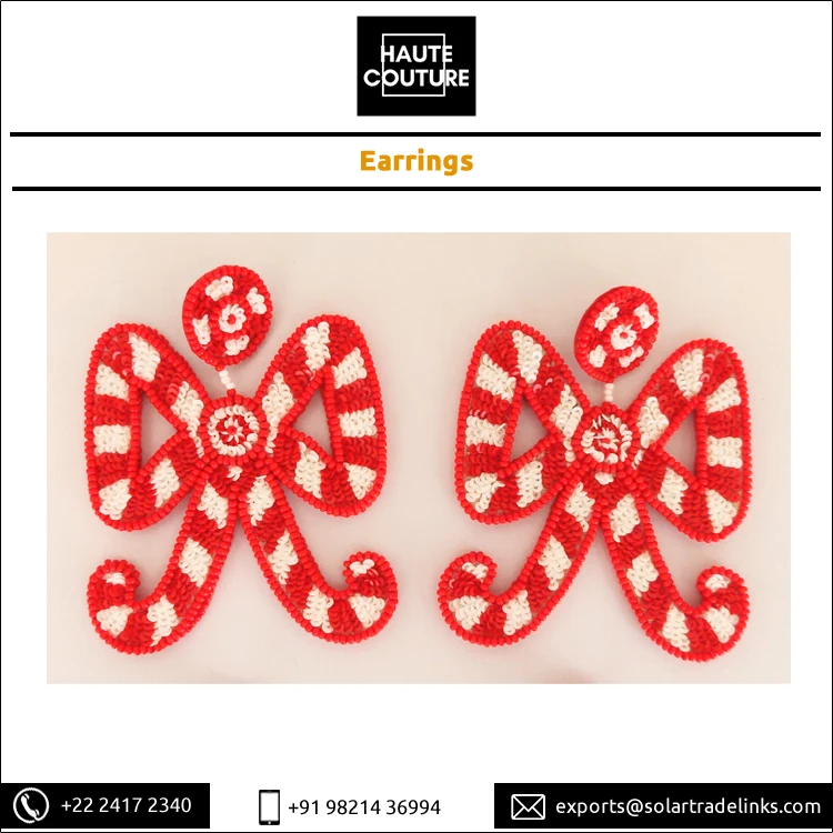 Sequins & Beads Made Candy Cane Drop Earrings Hand Embroidered Handmade Earrings from Contract Manufacturer
