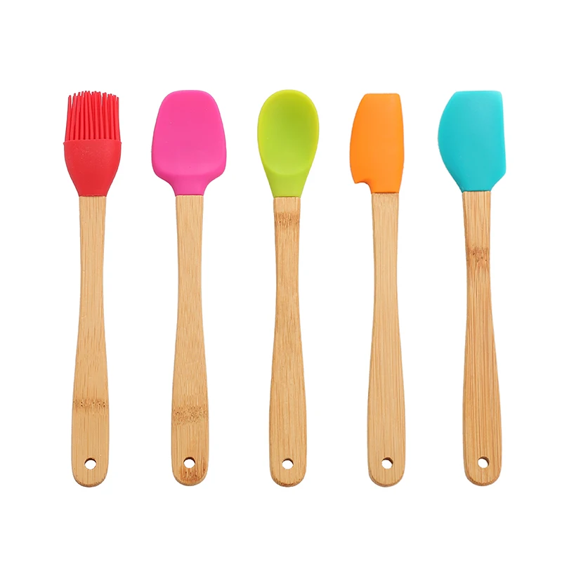 
America hot selling unique design 5Piece Silicone Mini Utensil Set with Wood Handle 