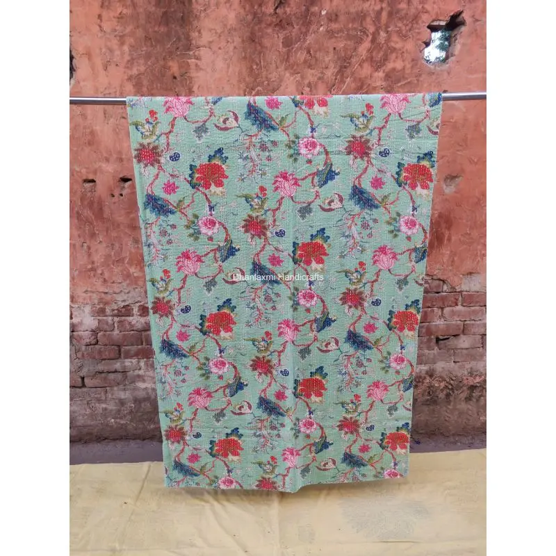 Индийское Хлопковое одеяло Kantha ручной работы светло-зеленого цвета с цветочным принтом красивое цветочное покрывало оптовая продажа