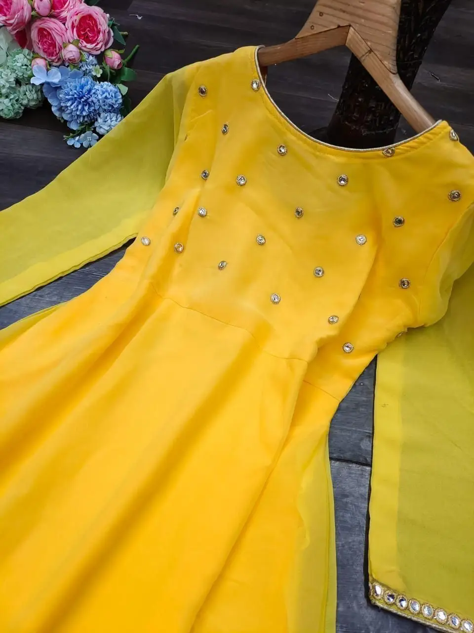 Yellow mirror work Anarkali Dress With Nazeen Dupatta Ready To Wear Dress For Women