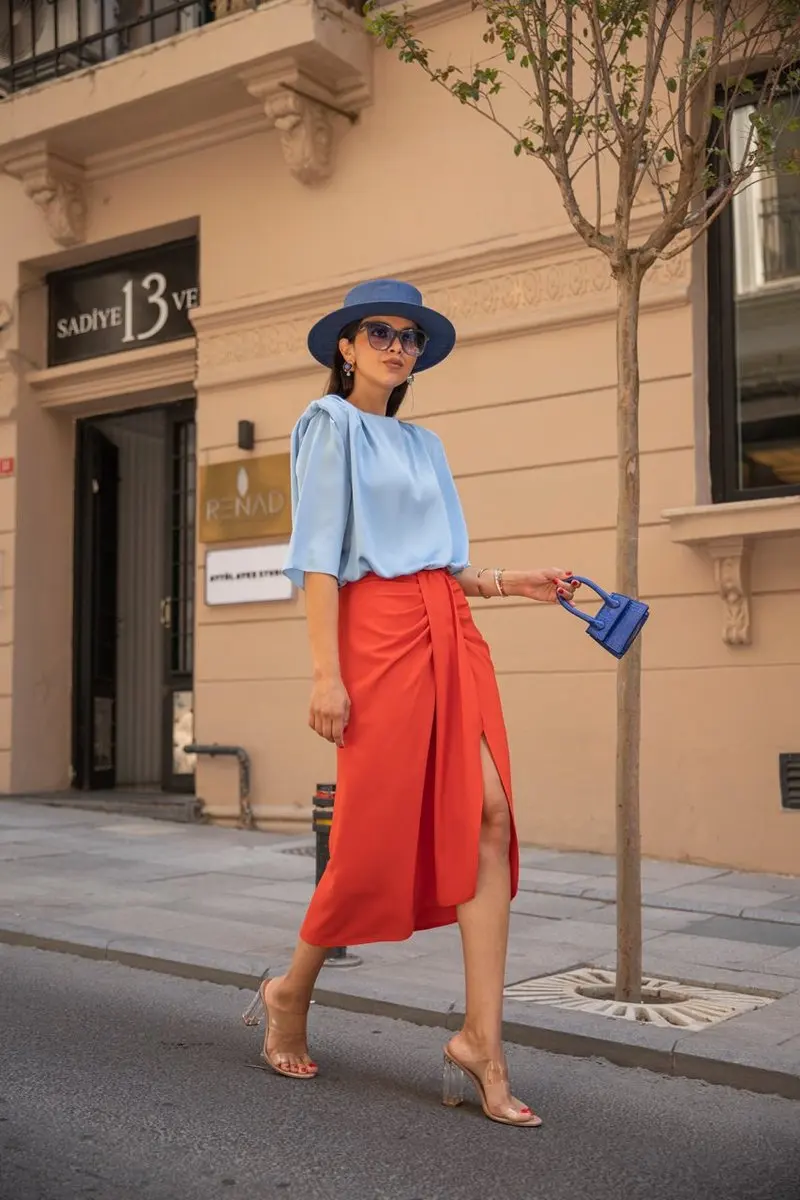 
Sexy Romantic Dipped Hem Skirt With Front Slit Midi Dress Orange 
