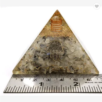Rainbow Moonstone Orgonite Pyramid - Hamsa Hand, Hamsa Charm | EMF Orgone Pyramid, Organite Pyramid (Orgone Generator Crystal)