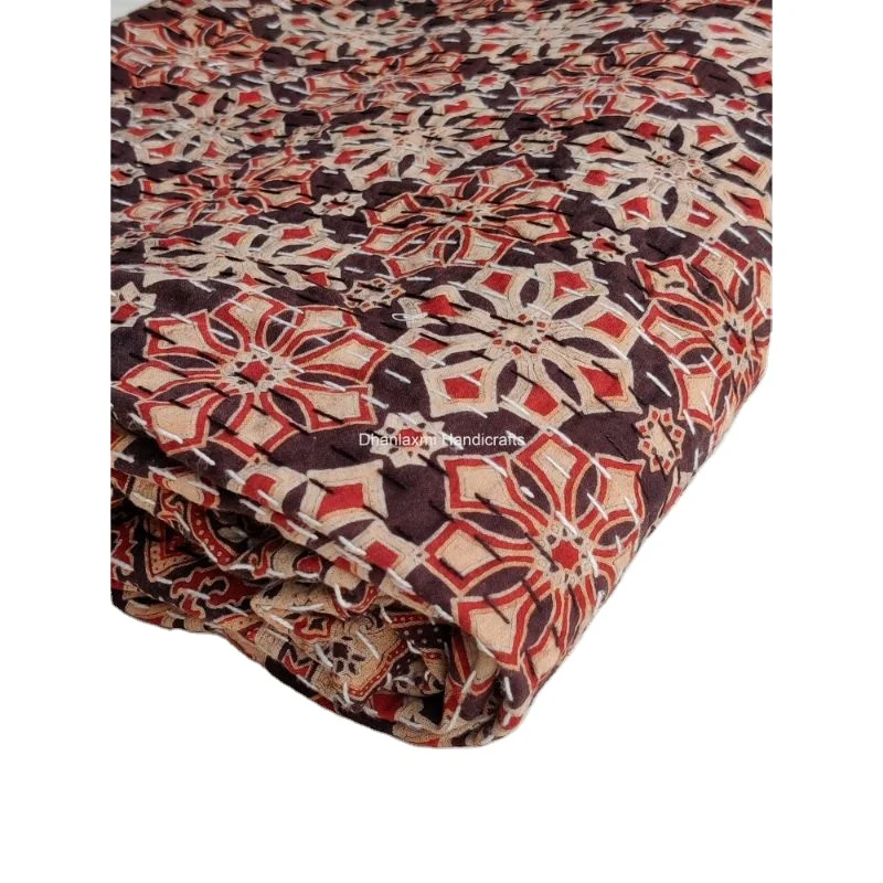 Home Decorative Wholesale Kantha Bedspread Indian Ajrakh Hand Block Print Black Colour Beautiful Handmade Cotton Kantha Quilt