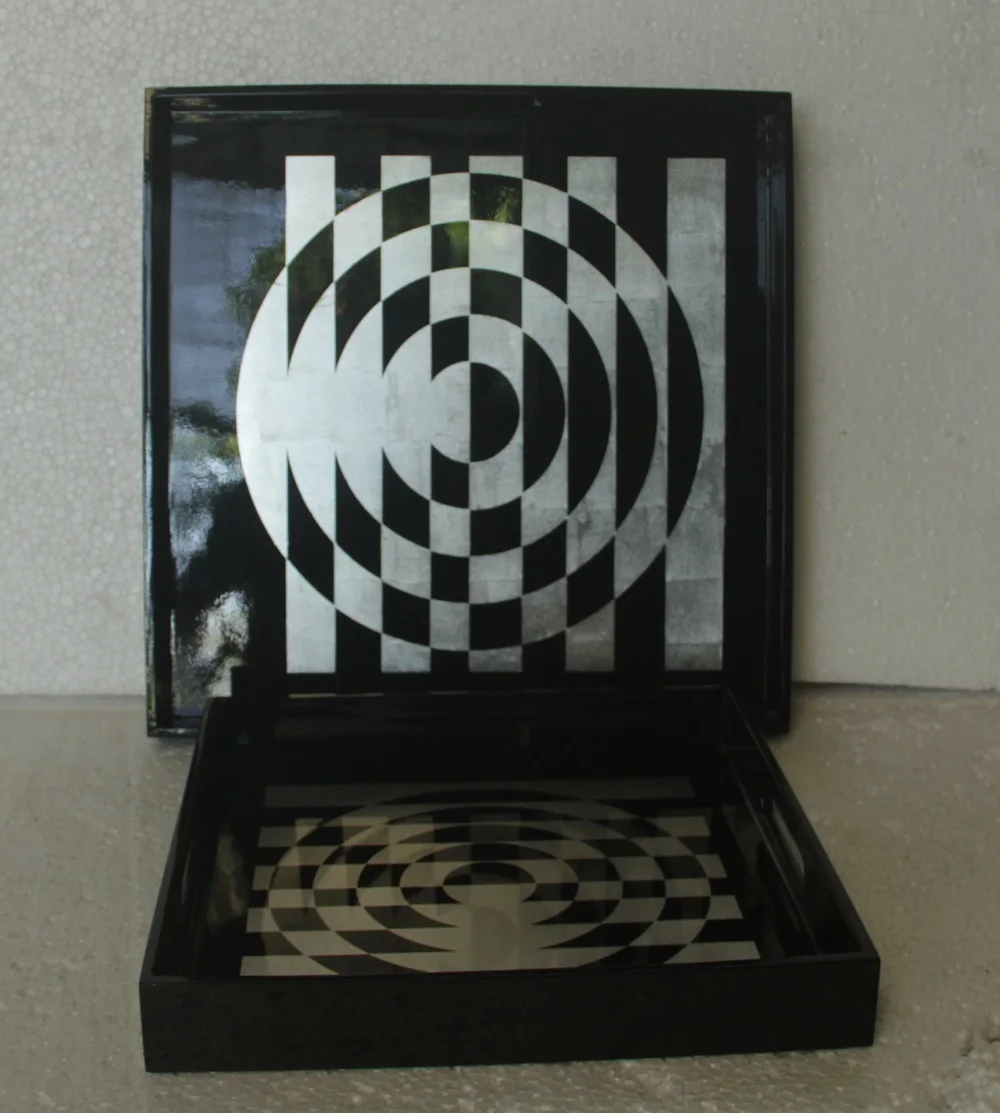 Handicraft Nautical Europe Set of 2 Square Lacquer Trays with Handles in Black & Silver Finishing