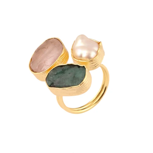 White Biwa Pearl Adjustable Ring Real Raw Rose Quartz Emerald Diamond Gold Plated Texture Finish Big Factory Birthstone Jewelry