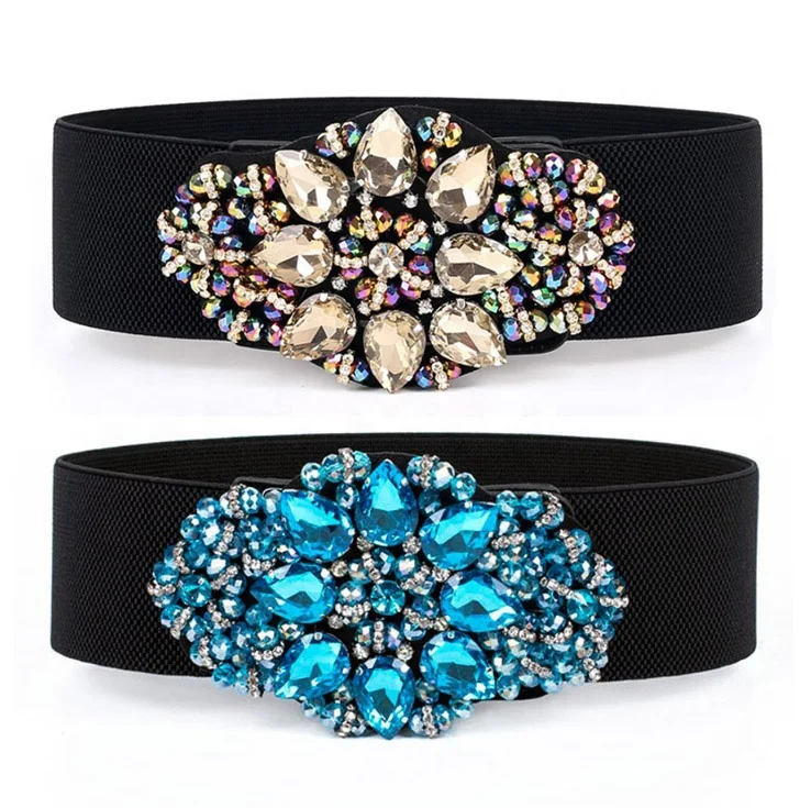 Luxury Glitter Sparkly Rhinestone Bead Elastic Waist Floral Cummerbund Women Crystal Stretch belt for Evening dress
