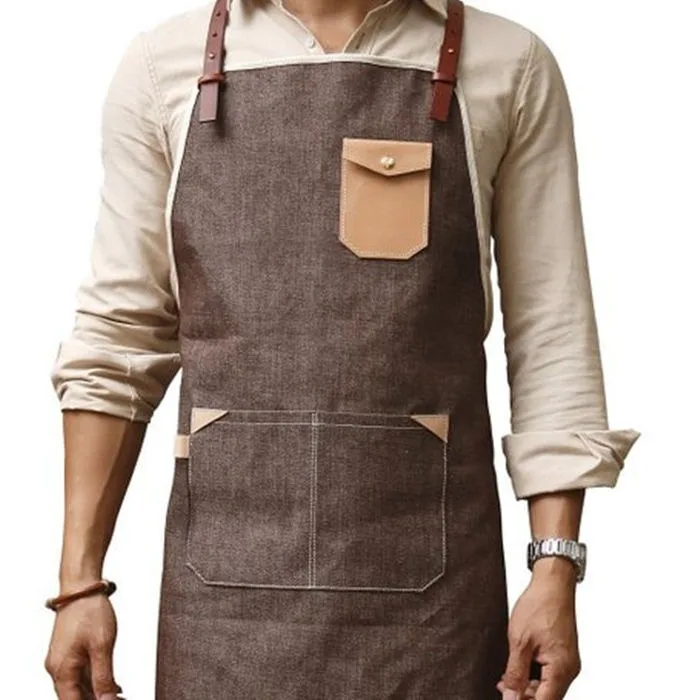 Front Pocket Customized Tool Pocket Apron Uniform Canvas Flower Shop Hair Salon Apron Restaurant Bar Apron Leather Straps