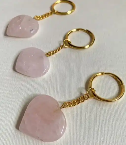 Beautiful ROSE QUARTZ HEART SHAPE KEYCHAIN / Natural PINK ROSE QUARTZ KEYCHAIN FOR BIKE AND CAR / AGATE KEYCHAINS