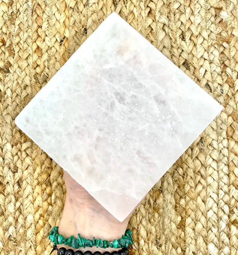 Beautiful Polished Crystal Selenite Charging Plate Square Shape Heart Etching Carved Technique Meditation Inspired Pyramid Stone