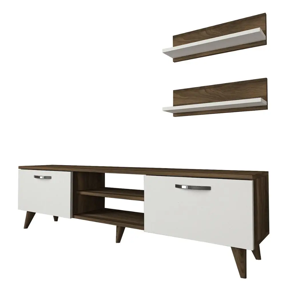 Ayden Simple Wood Tv Stand Modern Furniture White Walnut with Wallshelf